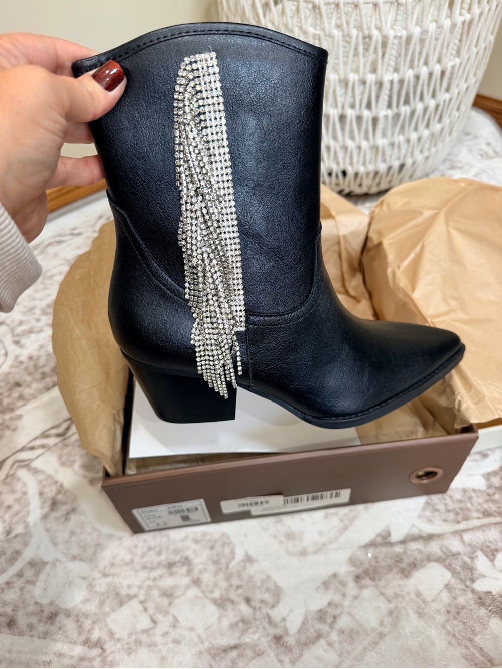 Black Rhinestone Fringe Western Heeled Boot